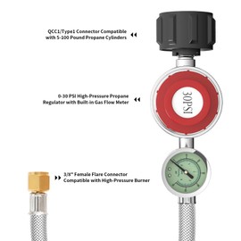 Anysigma Propane Regulator with Gauge-0-30 PSI High-Pressure Adjustable Universal Type 1 (QCC1) Propane Hose Connector for Grills, Heaters and Outdoor Appliances (5FT)