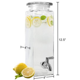 Estilo Glass Drink Dispenser - Tall Square Glass Mason Jar Drink Dispenser With Stainless Steel Spigot, 80 oz (2.36 Liters), Clear, Parties, Weddings, and Picnics