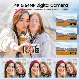 4K Digital Camera, 64MP Vlogging Camera for Photography with 3" 180° Flip Screen, 16X Digital Zoom Point and Shoot Camara with 64GB SD Card for Beginner (White)