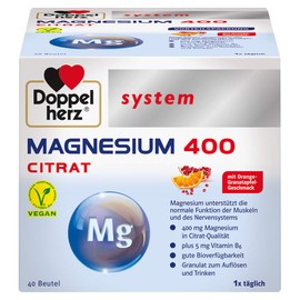 Doppelherz System Magnesium 400 Citrate - Magnesium as a Contribution to the Normal Function of Muscles and Nervous System - 40 Portion Bags