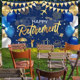 Mocsicka Retirement Party Decorations Blue and Gold Happy Retirement Banner Decorations for Men and Women Photo Booth Props (Blue Gold, 180x110cm)