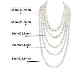Beetoo - abalorio blancas de múltiples capas, collares de perlas largas para mujer de los años 20, imitación de moda de perlas sintéticas, collar largo, collar de joyería clásico, 45cm/17.7inch,