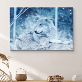 SIGNFORD Canvas Print Wall Art Set White Wolf in the Snow Forest Animals WildLife Photography Modern Art Contemporary Portrait Colorful Cool for Living Room, Bedroom, Office - 12"x18"