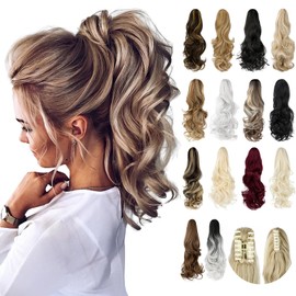 Felendy Ponytail Extension, 18" Claw Clip in Ponytail Extensions Curly Wavy Ponytail Hair Extension Jaw Clip on Long Pony Tails Hairpiece for Women Synthetic Ash Blonde Mix Light Brown