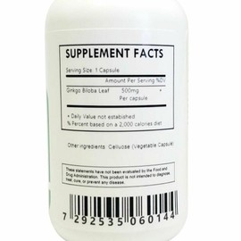 Generic Organic Ginkgo Biloba Leaf Capsules (500mg Each) - 30 Count