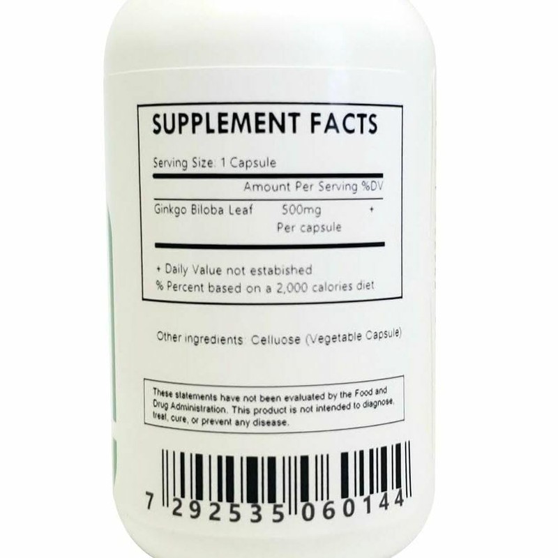 Generic Organic Ginkgo Biloba Leaf Capsules (500mg Each) - 30