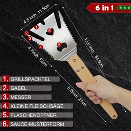 JYiuog Multifunctional Barbecue Spatula, 6-in-1 Barbecue Accessories, Stainless Steel Barbecue Spatula with Wooden Handle