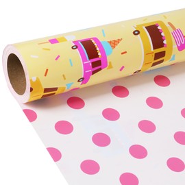 BIOBROWN Reversible Ice Cream Wrapping Paper for Kids Girls - 17 Inch X 33 Ft - Ice Cream Truck & Polka Dot Design Birthday Gift Wrap Paper for Bday Party Holiday Favor