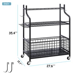 Azheruol Steel Garden Tool Organizer, 3-Tier Storage Rack with Wheels, Black - Perfect for Garden, Shed, Garage, Backyard Tools