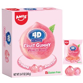 AMOS 4D Fruit Gummy Candy, Peach Burst, 8.47 oz Box - 3D Peach Shapes with Soft Juice-Filled Center - ~10 Individually Wrapped Mini Packs, Perfect Easter Egg Fillers & Basket Stuffers, Gluten-Free
