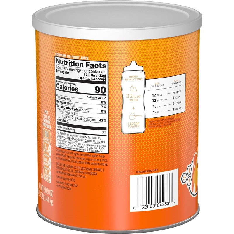 Gatorade G ESSNTL Organic Thirst Quencher Powder, Mango, 50.9oz Canister