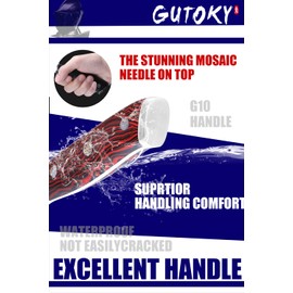 8 Inch Damascus Chef Knife, Feather Pattern Blade, Full Tang Japanese AUS10 Steel, G10 Red Handle, Includes Sheath