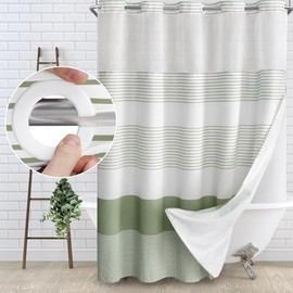 Awellife No Hook Shower Curtain with Fabric Snap in Liner Set Less Time Cotton and Linen Blend Shower Curtain for Bathroom Boho Green Striped 75" L x 36" W