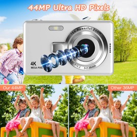 Digital Camera 1080P FHD 44MP with 2.4" LCD Screen, Compact Portable Vlogging Photo Camera with 32gb SD Card, 16X Digital Zoom for Kids Teen Students Beginner (Upgrade Silver)