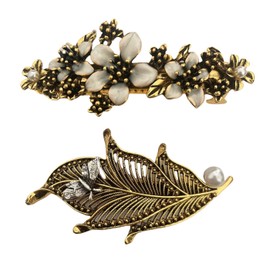 Vintage Pearl Hair Accessories, 2-Piece Antique Gold Barrettes Set, Floral and Leaf Design with Rhinestones (Gold)