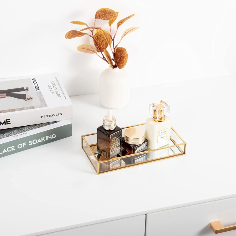 Feyarl ガラストレイ ミラートレー 置くトレイ 真鍮 小物収納 香水 ディスプレイ ゴールド (25cm)