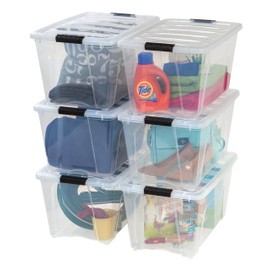 IRIS USA 54 Qt Stackable Plastic Storage Bins with Lids, 6 Pack - BPA-Free, Made in USA - See-Through Organizing Solution, Latches, Durable Nestable Containers, Secure Pull Handle - Clear