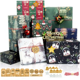Christmas Wrapping Paper, 8 Sheets Kraft Xmas Wrapping Paper Set with Tags Stickers and Paper Rope, Green Navy Blue Red Christmas Wrapping Paper for Gifts Arts Crafts Decorations (50x70CM)