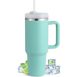 YesWe 40 Oz Teal Stainless Steel Double Wall Vacuum Insulated Tumbler with Handle, Straw, 2-in-1 Lid for Hot and Cold Beverages, Travel Mug for Car, Outdoor, Camping, Large, TL0112
