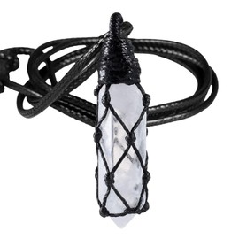 TUMBEELLUWA Hexagonal Rock Crystal Points Pendant Necklace for Unisex Wrapped Stone Wand Pendant with Adjustable Cord