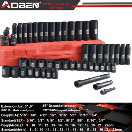 AOBEN 3/8-Inch Drive Impact Socket Set, 49 Pieces,6 Point (5/16" - 3/4", 8mm - 22mm), Deep/Shallow, Includes 3", 6" Extension bars, Universal Joint, 1/2" to 3/8" adaptor, 3/8" Inch Socket Adapter