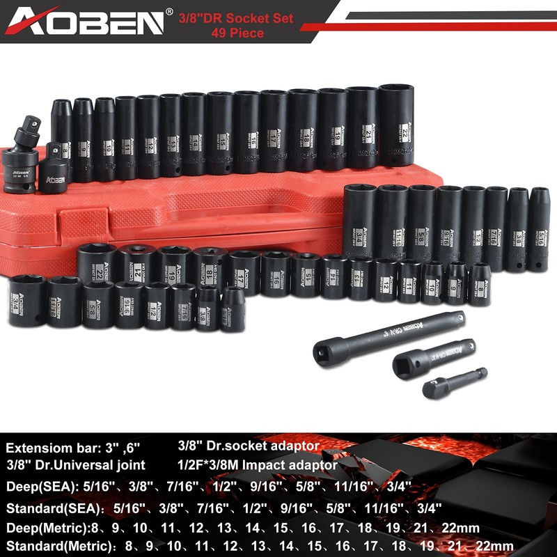 AOBEN 3/8-Inch Drive Impact Socket Set, 49 Pieces,6 Point (5/16"