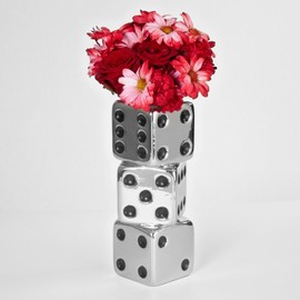 Reimagine Discovery Metallic Silver Triple Dice Vase, Maximalist Decor Ceramic Flower Vase, Retro Home Decor for Desk, Shelf, Table, Bar Cart & Vanity, Unique, Funky, Trendy & Cool Room Decor