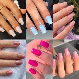 6 Packs Medium Press on Nails Square Shape,KXAMELIE Spring Fake Nails Solid Coffin Nails White Pink Blue Nude for Women Girls,144 Pcs