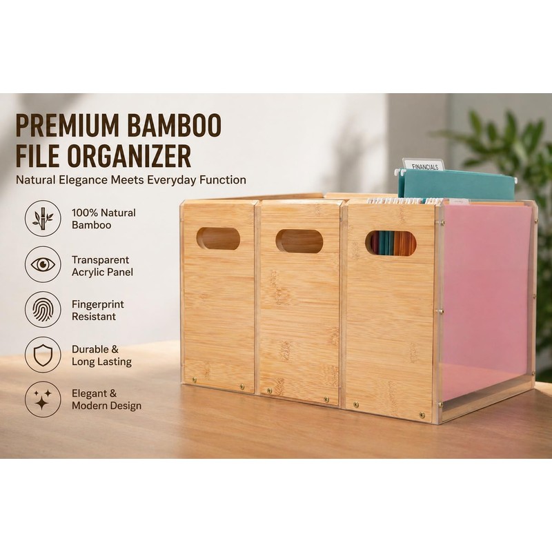 Poeuai 2 Pack Premium Thickened Bamboo Desktop Hanging File Organizer