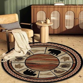Soyalie Bear Cabin Round Rugs 3 Feet for Hallway Bathroom Entrance Kitchen Circular Wildlife Bear Plants Area Rug Non-Slip Lodge Bear Indoor Floor Carpet