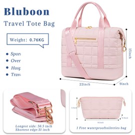 Bluboon Travel Tote Bag for Women Puffer Weekender Overnight Bag Large Duffle Bag for Travel with makeup bag, Pink, Casual