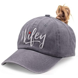 MANMESH HATT Embroidered Wifey Ponytail Hat Vintage Washed Adjustable Denim Baseball Cap for Women (Grey, One Size)