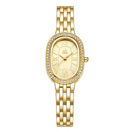 SHENGKE SK Women’s Oval-Shaped Crystal-Accented Solid Alloy Steel Bracelet Watch (Gold)