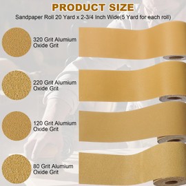 Total 20 Yards Long Continuous Roll Kit - 80 120 220 320 Grit PSA Longboard Sandpaper, 2-3/4" Wide - Self Adhesive Stickyback Sandpaper for Automotive, Woodworking, Hand Sanding Blocks