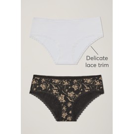 Pact Organic Soft Cotton Hipster Panties for Women, No Show Design Cheeky Bikini Underwear, 2 Pack, White/Vineyard Floral Sesame - Large