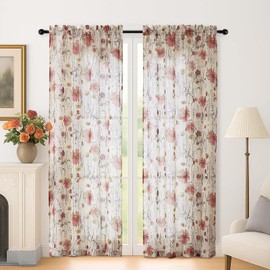 Lecloud Crushed Sheer Curtains 72 Inches Long 2 Panels, Floral Pattern Light Filtering Curtains for Living Room, Romantic Window Treatments for Bedroom Dining Room with Dual Rod Pocket, 42" W x 72" L