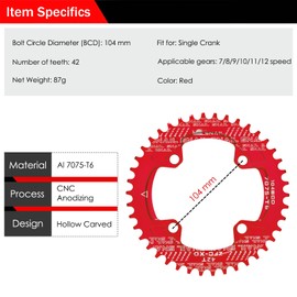 BESNIN Bike Chainring 104 BCD 30T 32T 34T 36T 38T 40T 42T 44T 46T 48T 50T 52T Round Narrow Wide Single Chain Ring for 7 8 9 10 11 12 Speed MTB BMX Road Bike (Red, 42T Round)