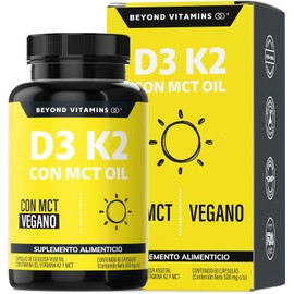 Vitamina D3 + K2 + MCT Oil | Sin Azúcar - Suplemento Alimenticio Vegano Beyond Vitamins - Ingredientes NON GMO (60 Cápsulas)