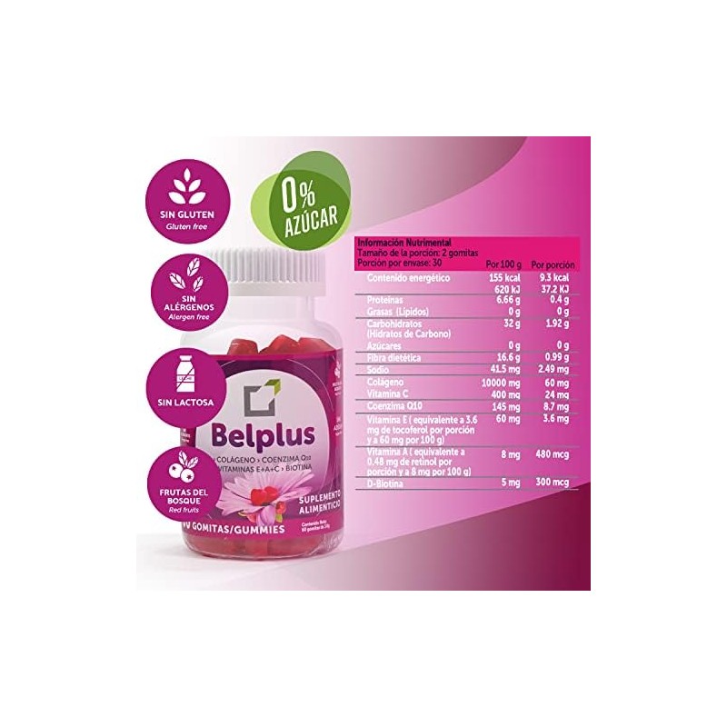 Belplus Colágeno+Coenzima Q10+Biotina 60 gomitas sin azúcar, pack 2x1