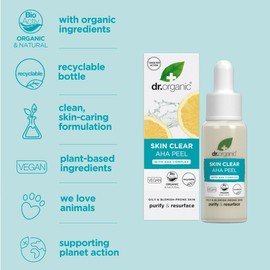 Dr Organic Skin Clear AHA Peel with Fruit Acids, Exfoliating Serum, Acne, Scars, Anti-Blemish, Natural Brightening, Vegan, Cruelty Free, Paraben & SLS Free, Organic, 30ml