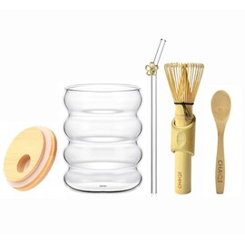 CHAQI Matcha Whisk Set with Long Handle Matcha Whisk, Wave Glass Cup,Floral Straw,Bamboo Lid & Scoop - Complete Kit for Easy & Quick Matcha Preparation at Home or Office