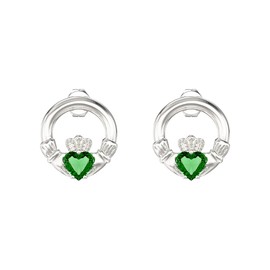 Aeon Jewellery Claddagh Earrings - Irish Celtic Jewellery | 925 Sterling Silver & Cubic Zirconia | Gift Box & Polishing Cloth Included | Emerald Green