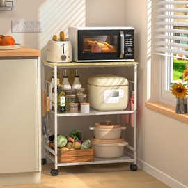 ThreeHio Rolling Kitchen Microwave Cart, 3 Tier Microwave Table Stand with Storage, Kitchen Utility Cart on Lockable Wheels, Small Coffee Station Shelf Rack Organizer for Living Room Office, Balcony