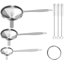 Large Small Funnel Set of 3, Food Grade Mini Funnels for Kitchen Use Filling Bottles Liquor Flask Tiny Spice Cooking Powder, 7Pcs Metal Stainless Steel Funnel Long Handle, 3Pcs Cleaning Brushes VOPTON