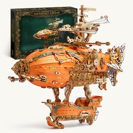 FUNPOLA 3D Puzzle Wooden Puzzle Fantasy Airship Steampunk DIY Craft Kit with LED Light for Adults and Kids Intricate Model Making Set Orange Color 648PCS