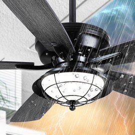 Asyko 52" Ceiling Fan with Lights and Remote - Indoor/Outdoor Ceiling Fans, Waterproof for Patios, Gazebos, and Backyards - Wet Rated, Quiet, 6-Speed, 3-Color Lighting, Farmhouse Modern Style