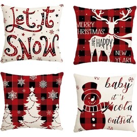 Avezano Red Christmas Cushion Covers 45 x 45 cm Red Black Tartan Snowman Deer Cushion Covers Christmas Holiday Pillow Covers for Sofa Couch Bed Home Decorations Set of 4