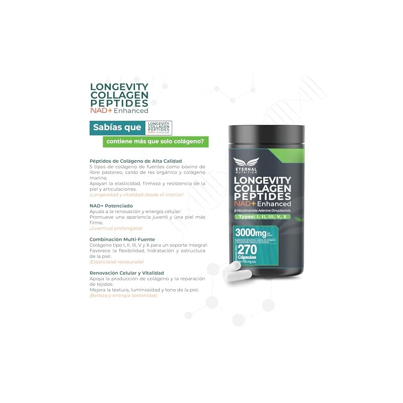 Eternal Nutrition Longevity Colágeno Hidrolizado Nad 270 Cápsulas Péptidos Tipo