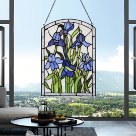 YOURANJU Stained Glass Window Hanging Tiffany Botanical Style Crafts Blue Flowers Rectangular Glass Window Panel 16"X11" Window Suncatcher Perfect Window Hangings Housewarming Gift (With Chain Hook)