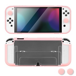DLseego Grip Case Controller for Switch OLED Console 2021, Anti-Slip Shock-Absorption Protective Hard PC Scratch Resistant Cover Shell with 2 PCS Thumb Grips Caps for Joycon Controllers - Pink